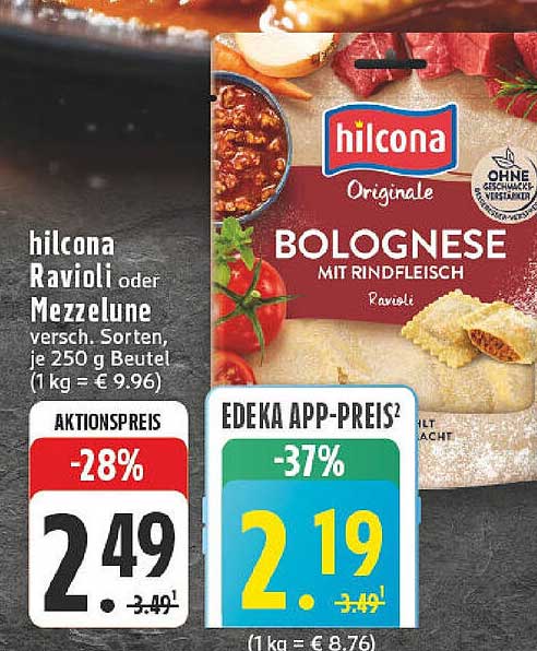 hilcona Ravioli oder Mezzalune Bolognese mit Rindfleisch, 250 g Beutel