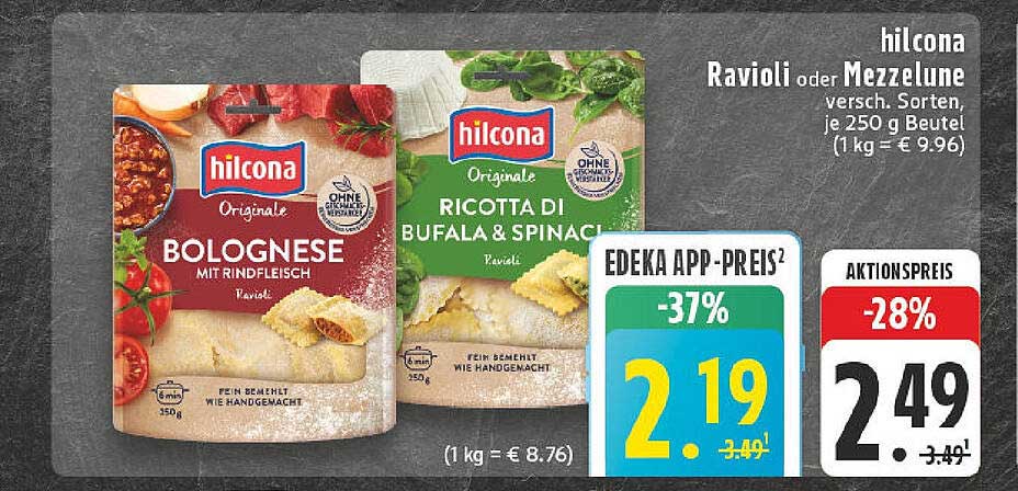Hilcona Ravioli oder Mezzalune, verschiedene Sorten, 250 g Beutel