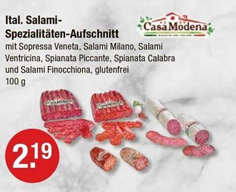 Ital. Salami-Spezialitäten-Aufschnitt mit Sopressa Veneta, Salami Milano, Salami Ventricina, Spianata Piccante, Spianata Calabra und Salami Finocchiona, glutenfrei - 100 g