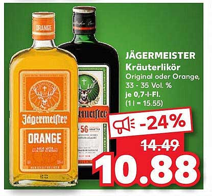 JÄGERMEISTER Kräuterlikör Original oder Orange, 33 - 35 Vol. % je 0,7-l-Fl.