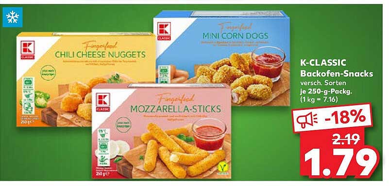 K-CLASSIC Backofen-Snacks - Chili Cheese Nuggets, Mozzarella-Sticks und Mini Corn Dogs
