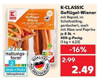 K-CLASSIC Geflügel-Wiener mit Rapsöl, im Schafsaitling, geräuchert, auch mit Käse und Paprika