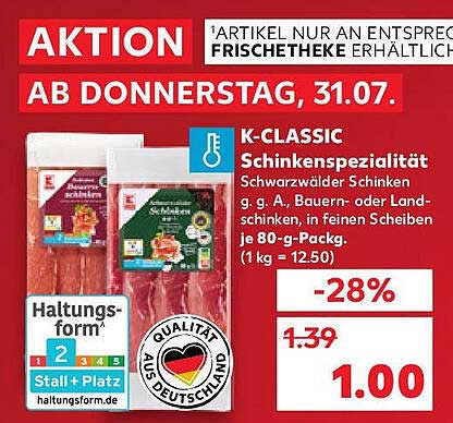 K-CLASSIC Schinkenspezialität Schwarzälder Schinken g. g. A., Bauern- oder Land-Schinken