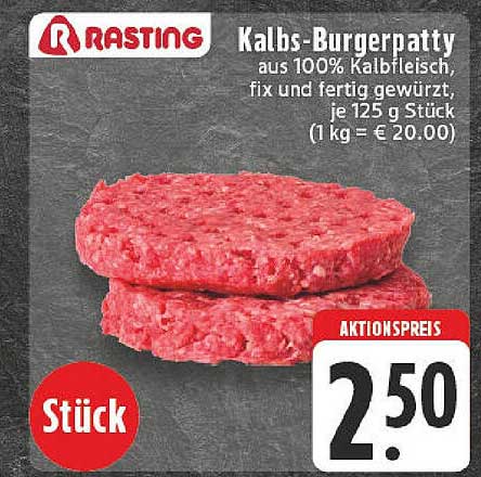 Kalbs-Burgerpatty aus 100% Kalbfleisch, fix und fertig gewürzt, je 125 g Stück