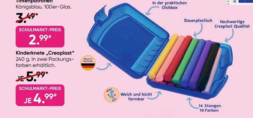 Kinderknete „CreaPlast“ 240 g in zwei Packungsfarben erhältlich.