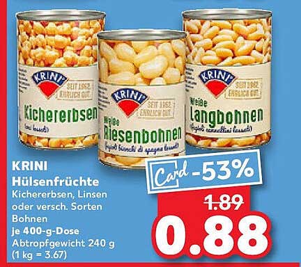 KRINI Hülsenfrüchte: Kichererbsen, Linsen oder verschiedene Sorten Bohnen - je 400-g-Dose