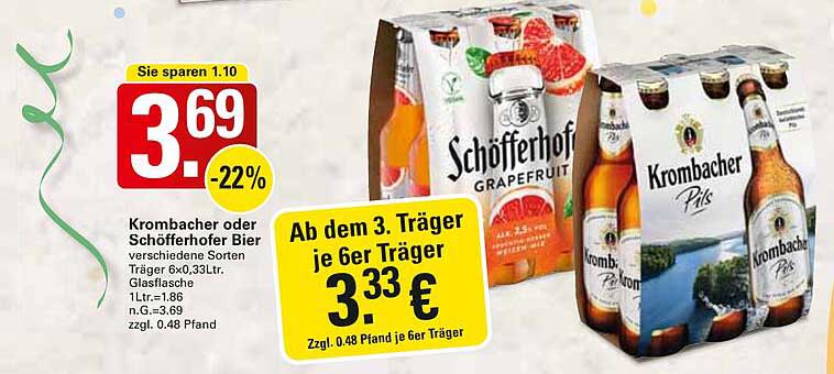 Krombacher oder Schöfferhofer Bier – Träger 6x0,33l.