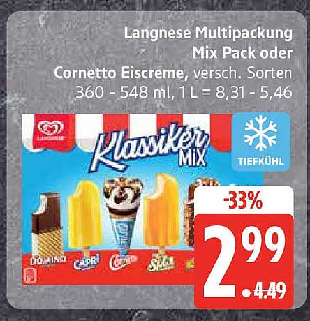 Langnese Multipackung Mix Pack oder Cornetto Eiscreme, verschiedene Sorten 360 - 548 ml