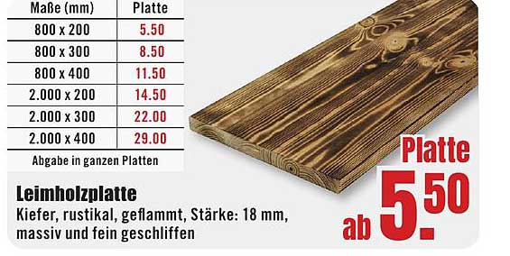 Leimholzplatte Kiefer, rustikal, geflammt, Stärke: 18 mm