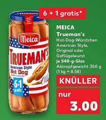 MEICA Trueman's Hot-Dog-Würstchen American Style oder Geflügelwurst 540-g-Glas für nur 3,00 €