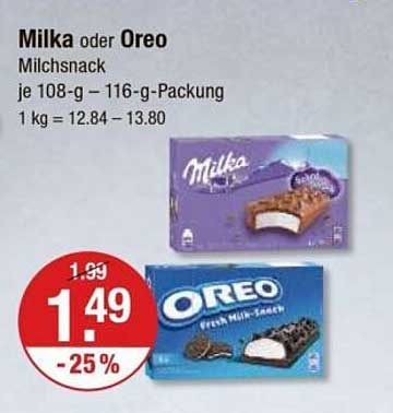 Milka oder Oreo Milchsnack 108-g – 116-g-Packung