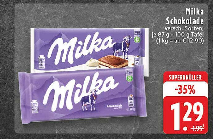 Milka Schokolade verschiedene Sorten, je 87 g - 100 g Tafel (1 kg - ab € 12,90)