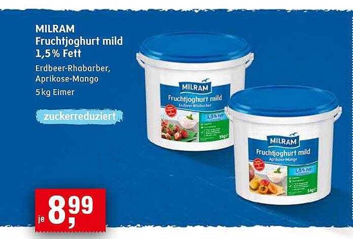 MILRAM Fruchtjoghurt mild 1,5 % Fett - Erdbeer-Rhabarber und Aprikose-Mango 5 kg Eimer