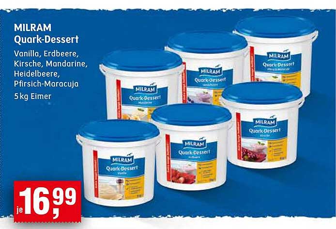 MILRAM Quark-Dessert 5 kg Eimer - Vanilla, Erdbeere, Kirsche, Mandarine, Heidelbeere, Pfirsich-Maracuja