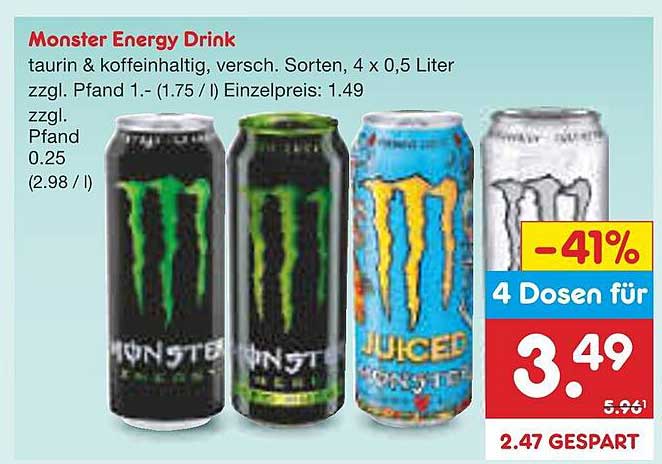 Monster Energy Drink 4 x 0,5 Liter - nur 3,49 €!