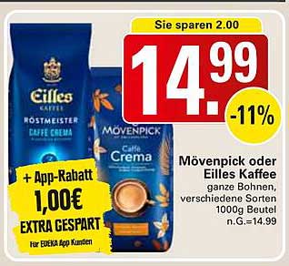 Mövenpick oder Eilles Kaffee, ganze Bohnen, verschiedene Sorten 1000g