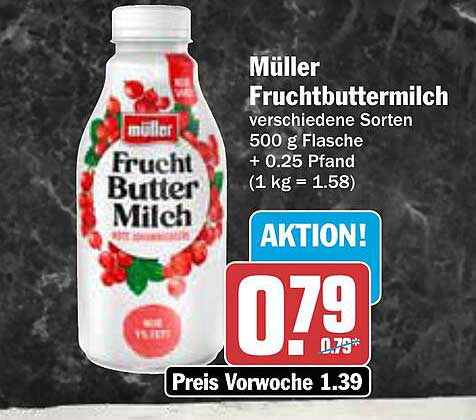 Müller Fruchtbuttermilch verschiedene Sorten 500 g Flasche + 0.25 Pfand (1 kg = 1.58)