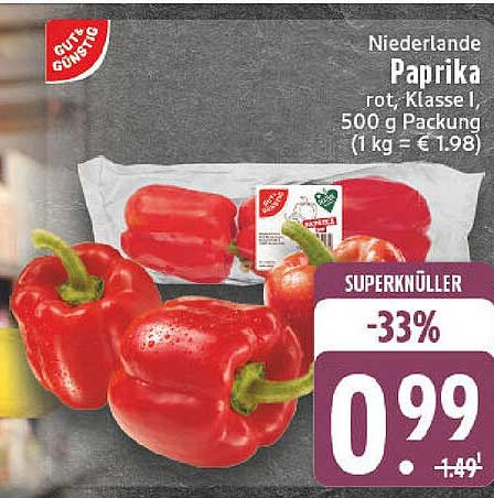 Niederlande Paprika rot, Klasse I, 500 g Packung