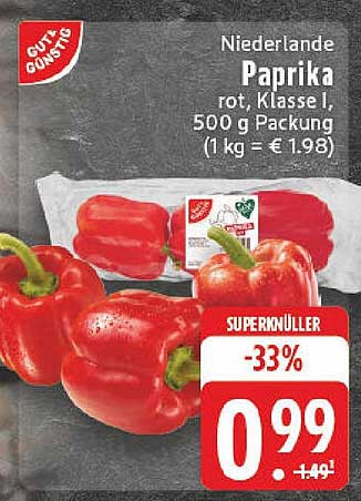 Niederlande Paprika rot, Klasse I, 500 g Packung