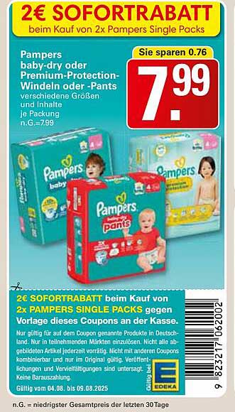 Pampers Baby-Dry oder Premium-Protection Windeln - 2 Packungen
