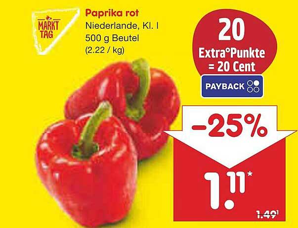 Paprika rot (Niederlande, Kl. I) 500 g Beutel