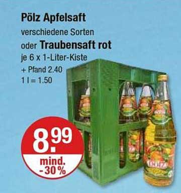 Pölz Apfelsaft verschiedene Sorten oder Traubensaft rot je 6 x 1-Liter-Kiste