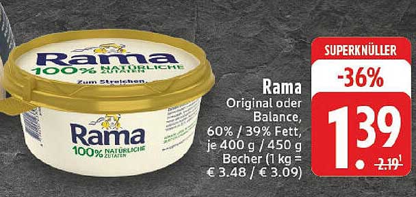 Rama Original oder Balance, 60% / 39% Fett, je 400 g / 450 g Becher
