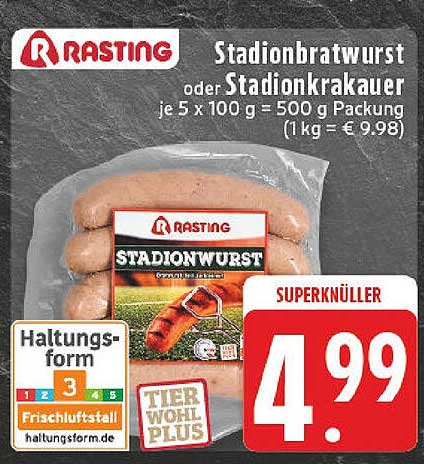 Rasting Stadionbratwurst oder Stadionkrakauer je 5 x 100 g – 500 g Packung