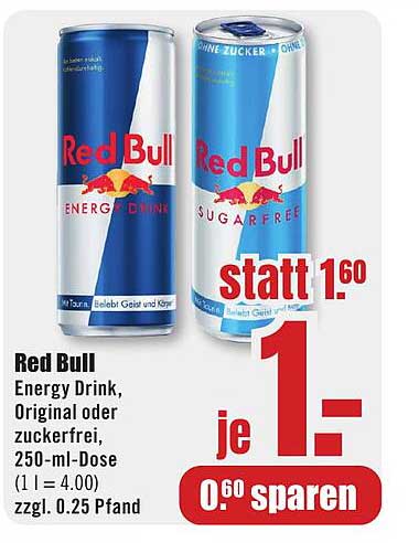 Red Bull Energy Drink, Original oder zuckerfrei, 250-ml-Dose