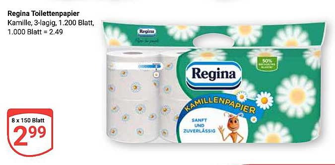 Regina Toilettenpapier Kamille, 3-lagig, 1.200 Blatt
