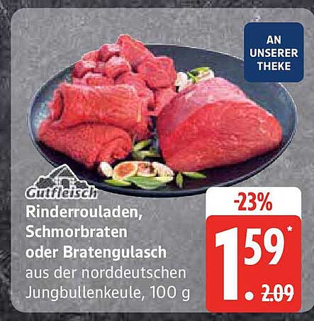 Rinderrouladen, Schmorfleisch oder Bratengulasch aus der norddeutschen Jungbullenkeule, 100 g