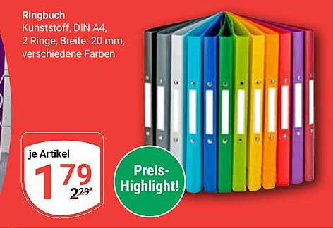 Ringbuch Kunststoff, DIN A4, 2 Ringe, Breite: 20 mm, verschiedene Farben