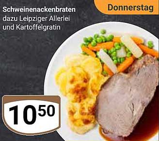 Schweinenackenbraten dazu Leipziger Allerlei und Kartoffelgratin