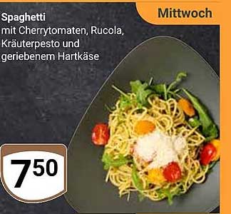 Spaghetti mit Cherrytomaten, Rucola, Kräuterpesto und geriebenem Hartkäse