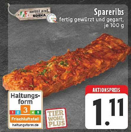 Spareribs fertig gewürzt und gegart, je 100 g