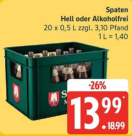 Spaten Hell oder Alkoholfrei 20 x 0,5 L