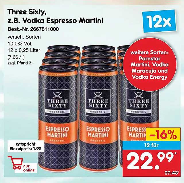 Three Sixty, z.B. Vodka Espresso Martini 12x0,25L