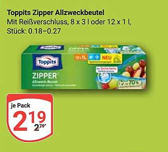 Toppits Zipper Allzweckbeutel mit Reißverschluss, 8 x 3 oder 12 x 1 l