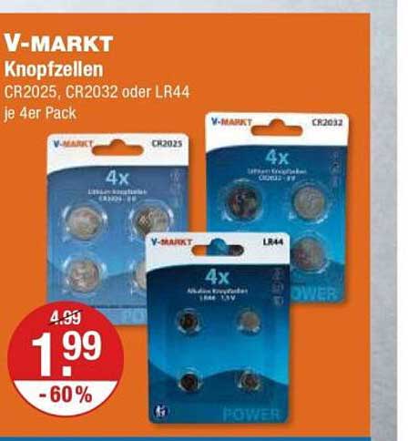 V-MARKT Knopfzellen CR2025, CR2032 oder LR44 je 4er Pack