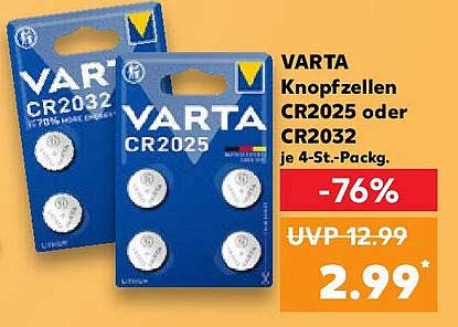 VARTA Knopfzellen CR2025 oder CR2032, je 4-St.-Pack.