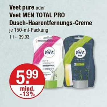 Veet pure oder Veet MEN TOTAL PRO Dusch-Haarentfernungs-Creme je 150-ml-Packung