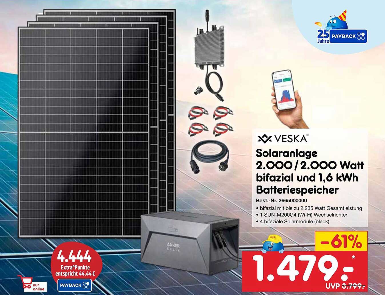Veska Solaranlage 2.000/2.000 Watt bifazial und 1,6 kWh Batteriespeicher