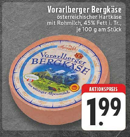 Vorarlberger Bergkäse – österreichischer Hartkäse mit Rohmilch, 45% Fett i. Tr., je 100 g am Stück