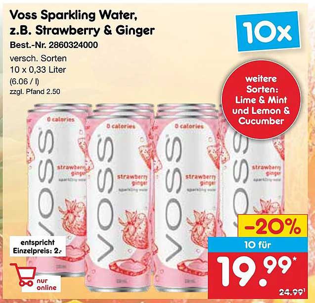 Voss Sparkling Water, z.B. Strawberry & Ginger 10 x 0,33 Liter