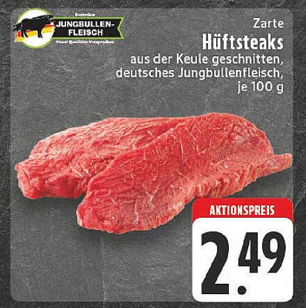 Zarte Hüftsteaks aus der Keule geschnitten, deutsches Jungbullenfleisch, je 100 g