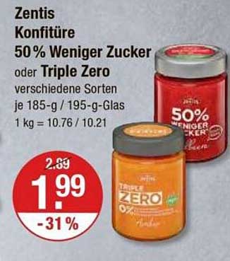 Zentis Konfitüre 50% weniger Zucker oder Triple Zero - verschiedene Sorten je 185-g / 195-g-Glas