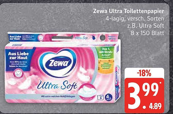 Zewa Ultra Toilettenpapier 4-lagig, versch. Sorten z.B. Ultra Soft 8 x 150 Blatt