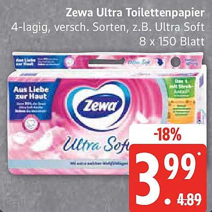 Zewa Ultra Toilettenpapier 4-lagig, verschiedene Sorten, 8 x 150 Blatt
