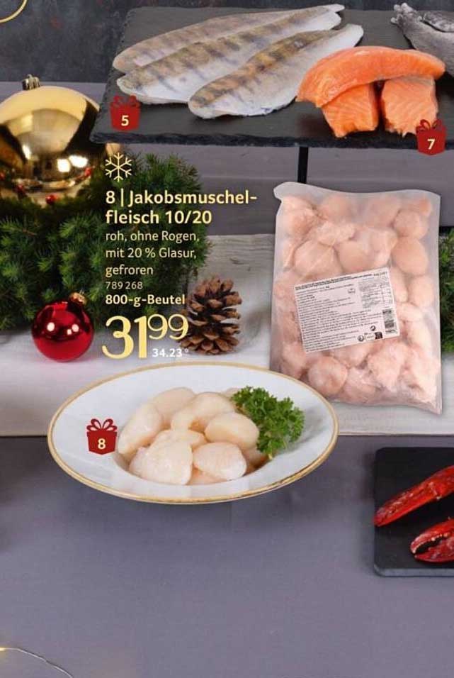 8 | Jakobsmuschel-Fleisch 10/20 roh, ohne Rogen, mit 20 % Glasur, gefroren, 800-g-Beutel