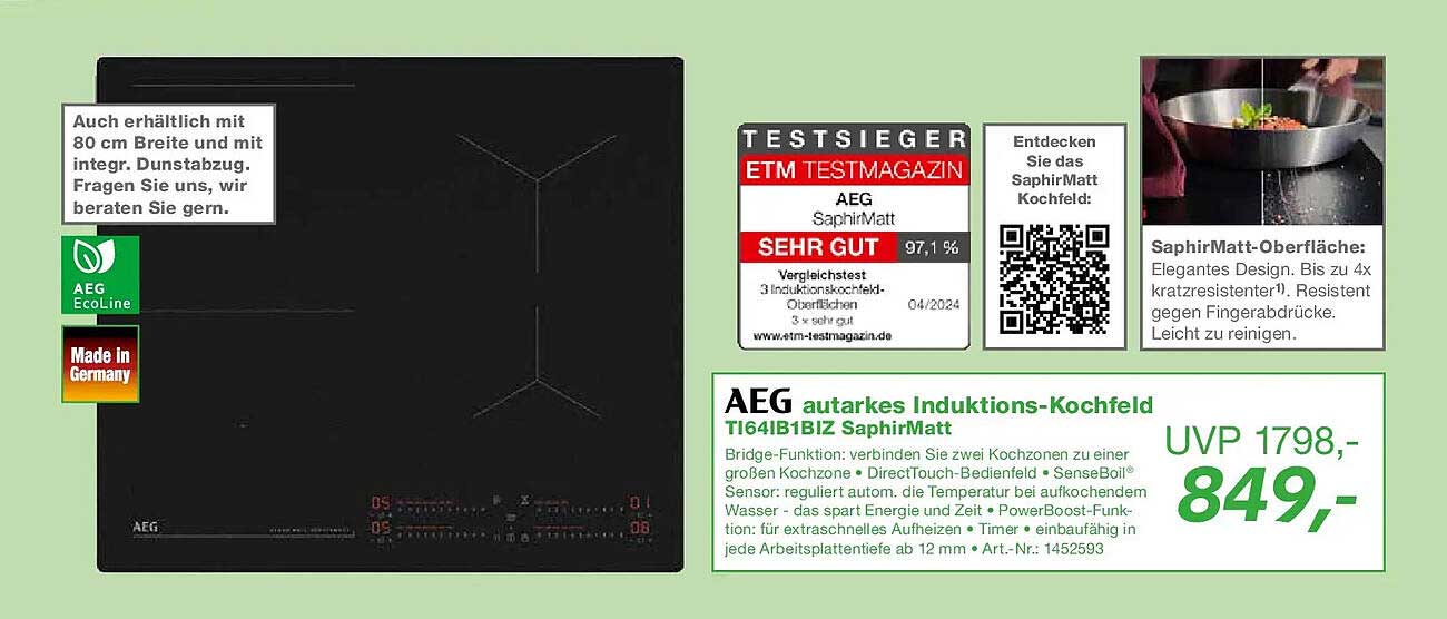 AEG autarkes Induktions-Kochfeld T164IB1BIZ SaphirMatt